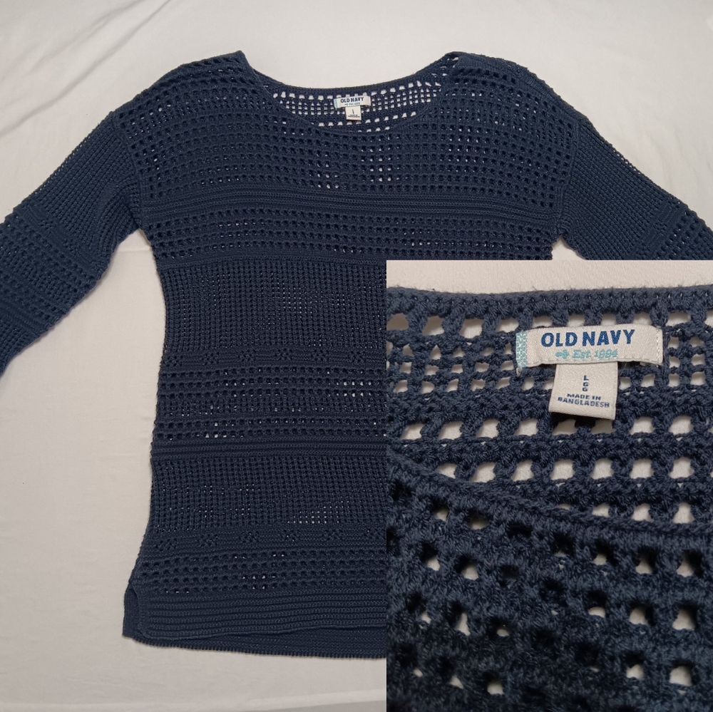 Old‎ Navy Chunky Pointelle Navy Blue Knit Sweater Women's Size Large 3/4 Sleeves